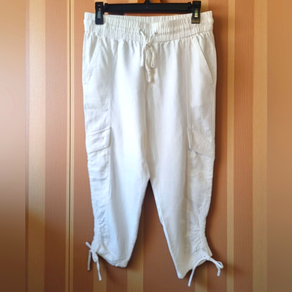 Jules & Leopold Linen Blend White Drawstring Cargo Pants With Ruching